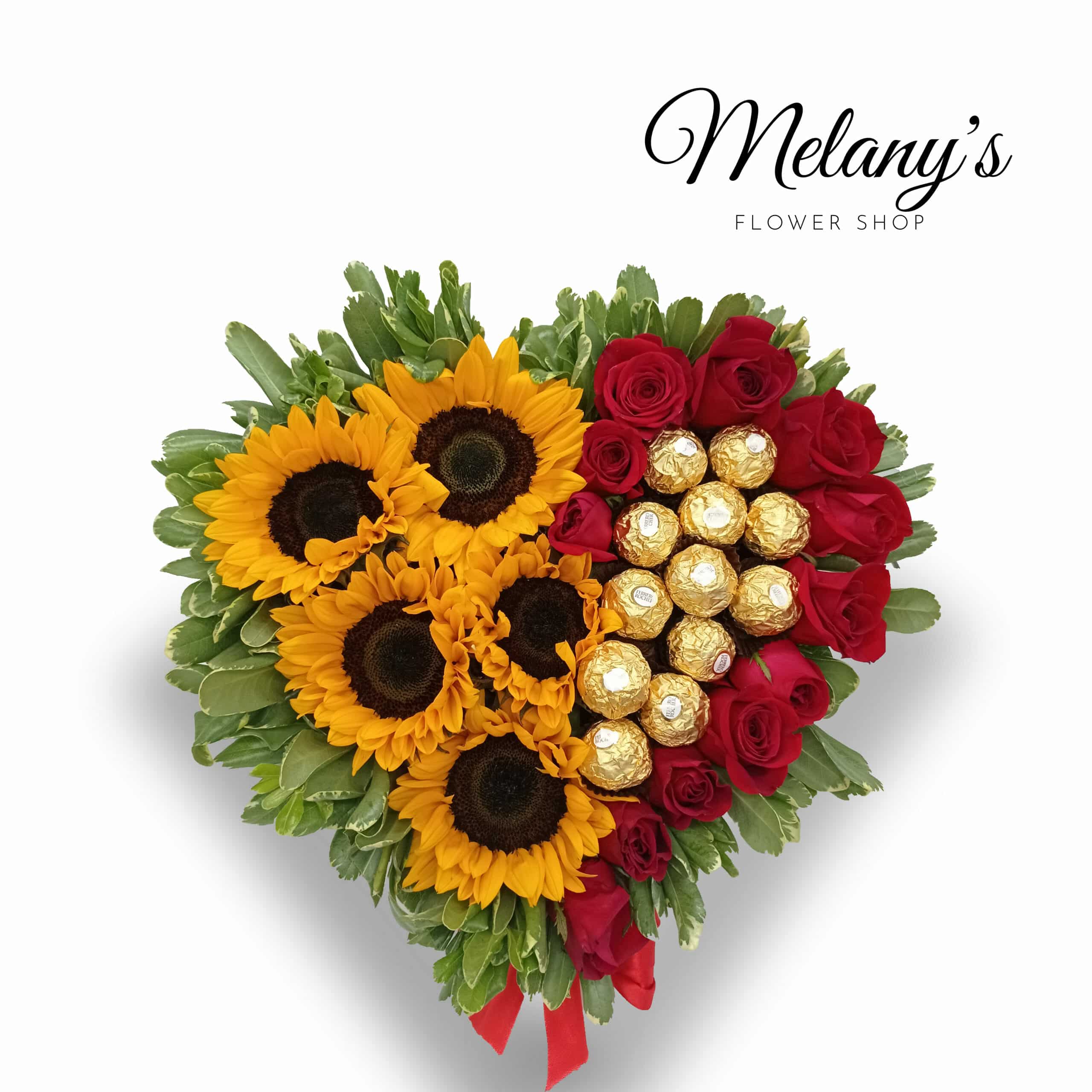 Lovely - Corazon con girasoles, chocolates y rosas rojas - Melany's Flower  Shop
